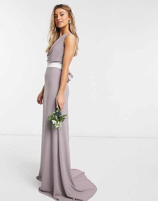TFNC bridesmaid cowl neck bow back maxi dress in grey
