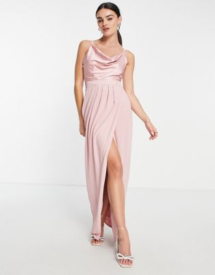 TFNC Bridesmaid cowl neck button back dress in muted blush