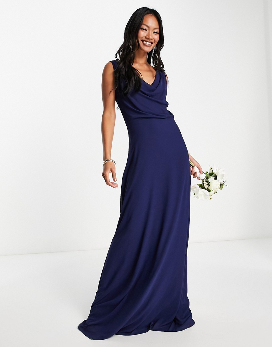 TFNC Bridesmaid cowl neck button back maxi dress in navy blue