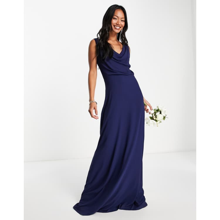 TFNC Bridesmaid cowl neck button back maxi dress in navy blue