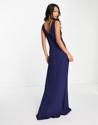 TFNC Bridesmaid cowl neck button back maxi dress in navy blue