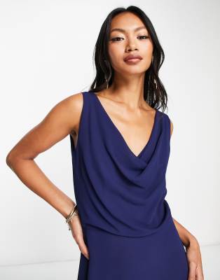 TFNC Bridesmaid cowl neck button back maxi dress in navy blue