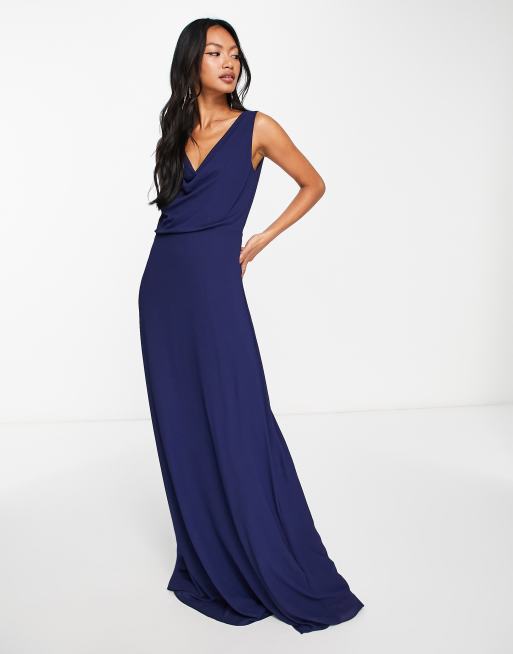 TFNC Bridesmaid cowl neck button back maxi dress in navy blue