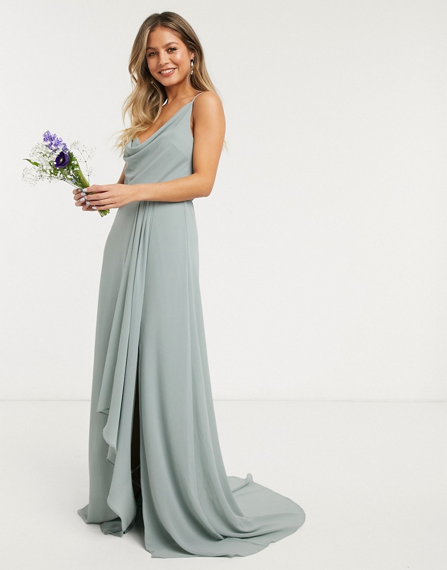 TFNC bridesmaid cowl neck cami strap maxi dress with train in sage-Green