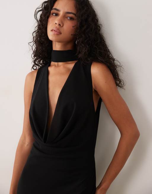 TFNC Bridesmaid cowl neck chiffon maxi dress with neck tie in black, 2 of 4