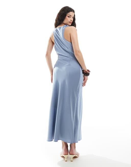 knee length dresses for ladies BABARONI Halter Neck Chiffon Maxi Dress with Circle Skirt-Dusty Blue, Dusty Blue / US0 main image 0