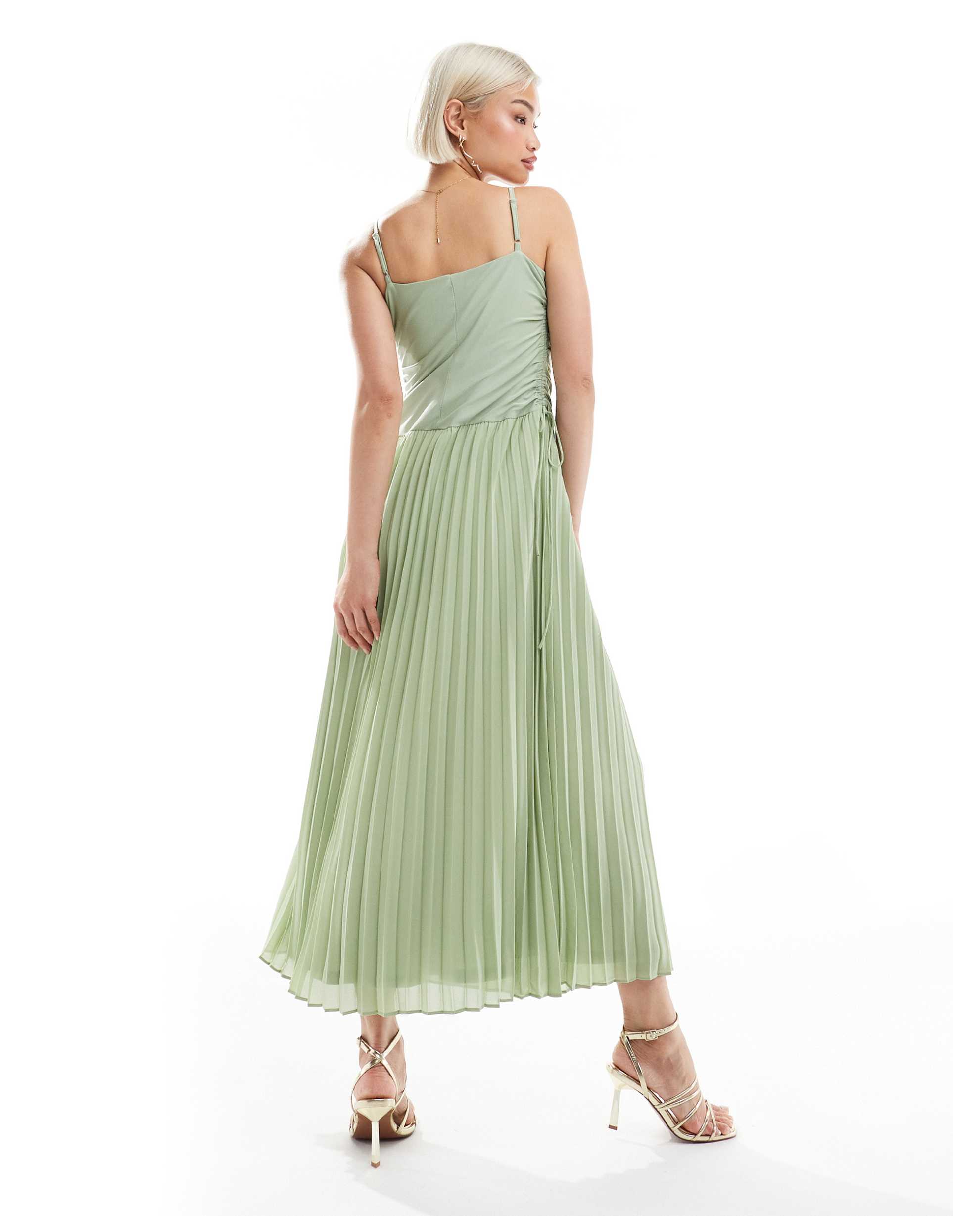 tfnc bridesmaid cowl neck maxi dress with pleated skirt in sage green