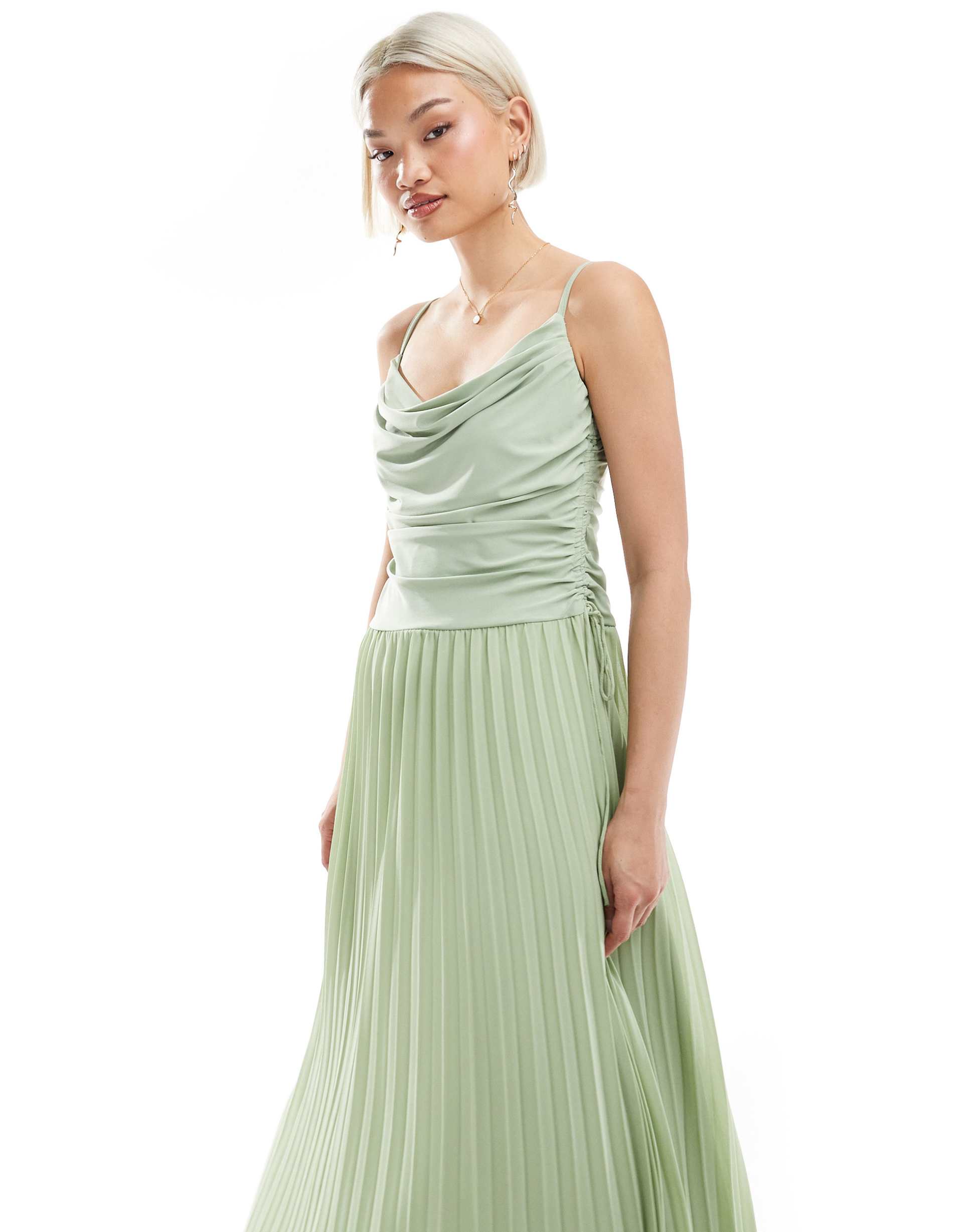 tfnc bridesmaid cowl neck maxi dress with pleated skirt in sage green