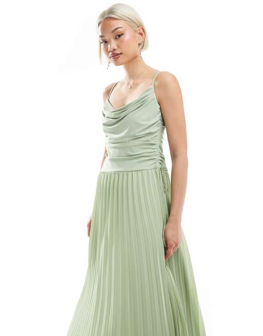 TFNC Bridesmaid cowl neck maxi dress with pleated skirt in sage green