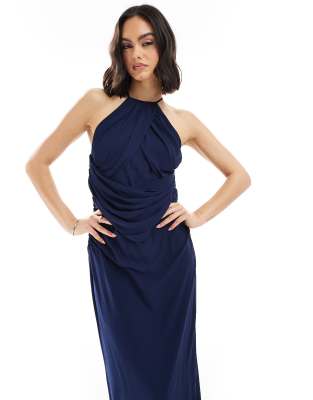 Tfnc Bridesmaid Cross Back Maxi Dress With Cowl Back In Navy