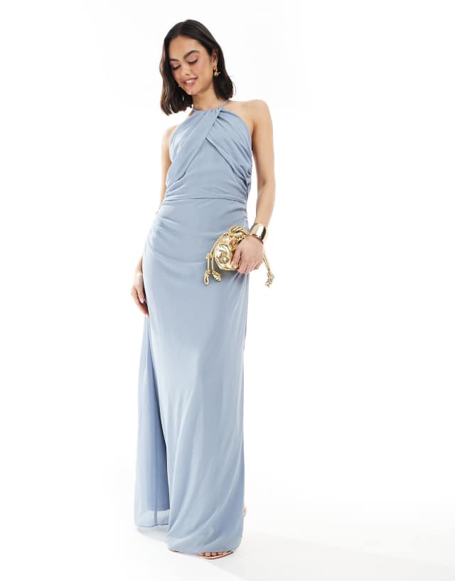 cross front bridesmaid dress TFNC maxi with cowl back in dusty blue Kissprom dress