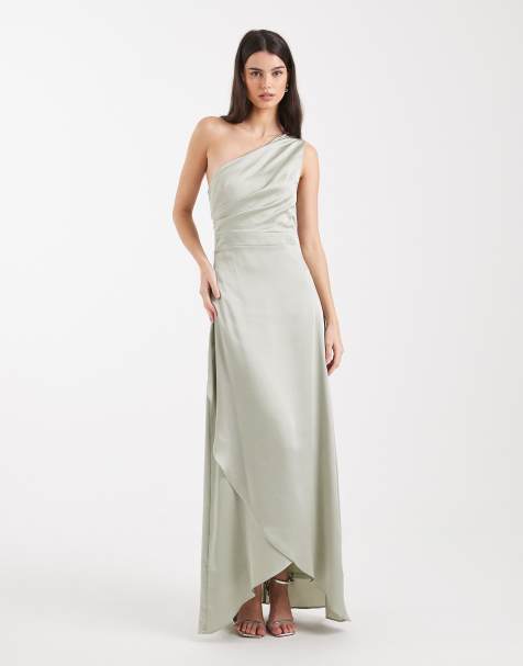 TFNC Bridesmaid – Delali – Satin-Maxikleid in Salbeigrün mit One-Shoulder-Träger und Wickelrock - view 1