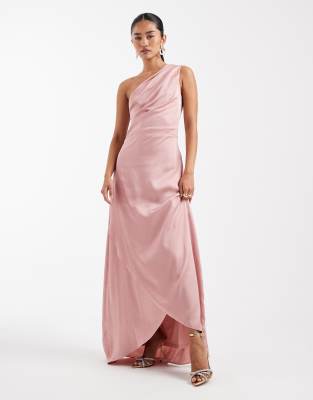 Tfnc Bridesmaid Delali Satin One Shoulder Wrap Skirt Maxi Dress In Pink