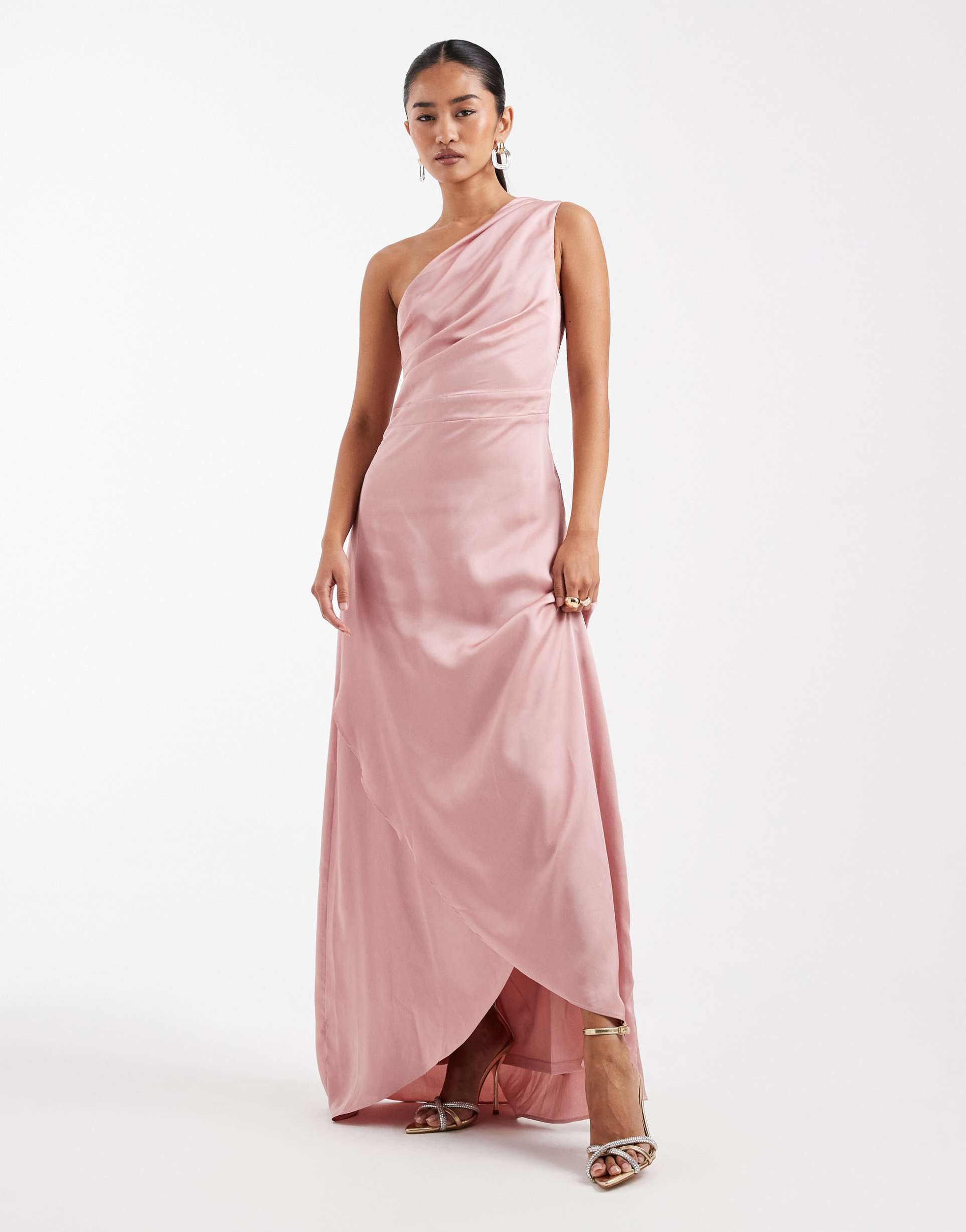 tfnc bridesmaid delali satin one shoulder wrap skirt maxi dress in pink