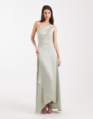 Tfnc Bridesmaid Delali Satin One-shoulder Wrap Skirt Maxi Dress In Neutral