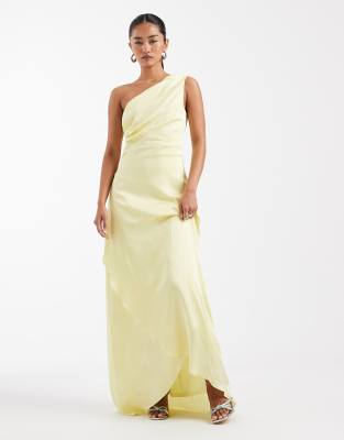 Tfnc Bridesmaid Delali Satin One Shoulder Wrap Skirt Maxi Dress In Yellow