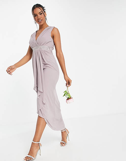 TFNC Bridesmaid drape front maxi dress in lavender grey