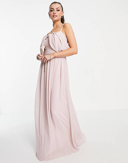 Dresses TFNC bridesmaid drape shoulder asymmetric maxi dress in mink 