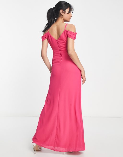 TFNC Bridesmaid drape shoulder wrap dress in fuchsia pink