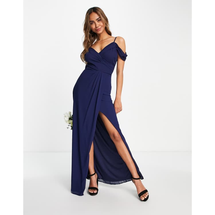 TFNC Bridesmaid drape shoulder wrap dress in navy blue