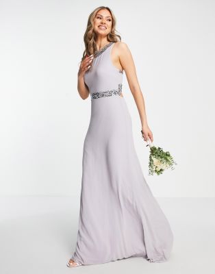 Tfnc sateen bow back sales maxi bridesmaid dress in grey