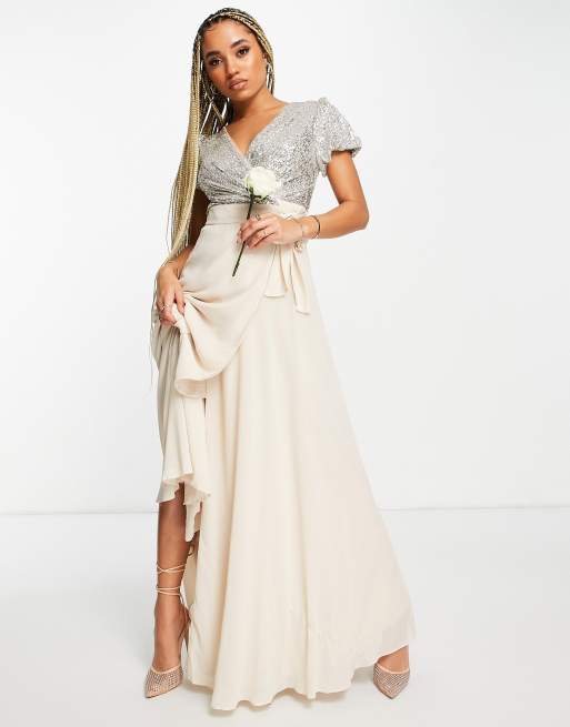 TFNC Bridesmaid embellished wrap front maxi dress in beige