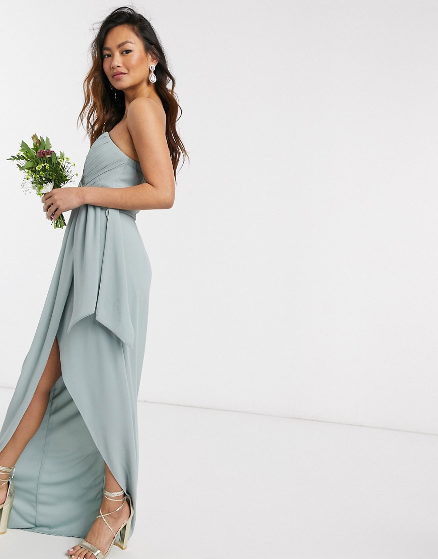 Product photo of Tfnc bridesmaid exclusive bandeau wrap midaxi dress with pleated detail in sagegreen