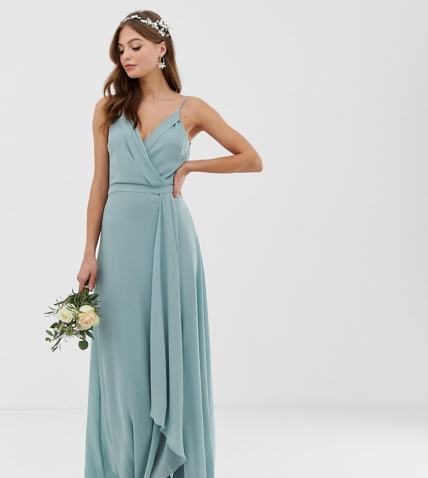 TFNC bridesmaid exclusive cami wrap maxi dress with fishtail in sage-Green