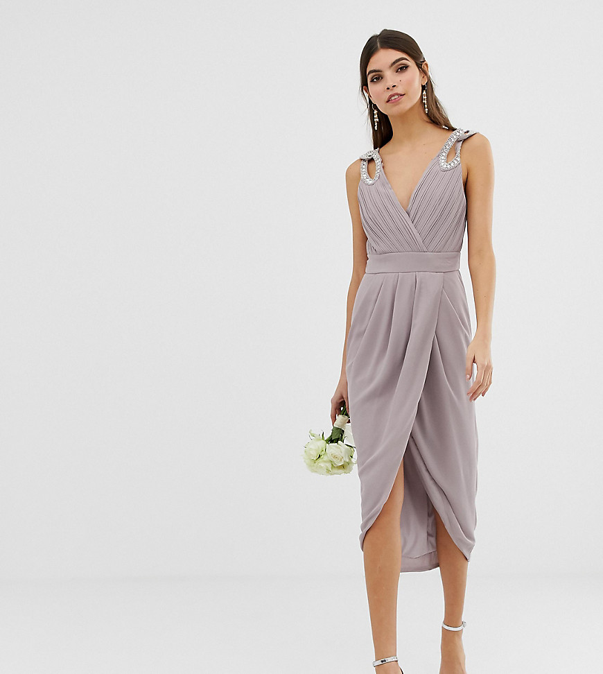 TFNC – bridesmaid exclusive – grå midiklänning till brudnäbben, med omlott och dekorerad axel