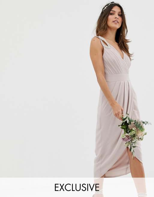 TFNC bridesmaid exclusive wrap midi dress in taupe ASOS TFNC bridesmaid exclusive wrap midi dress in taupe ASOS