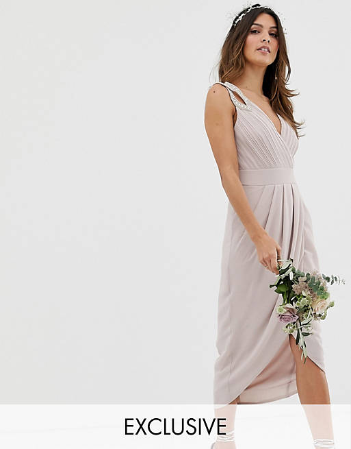 TFNC bridesmaid exclusive wrap midi dress in taupe