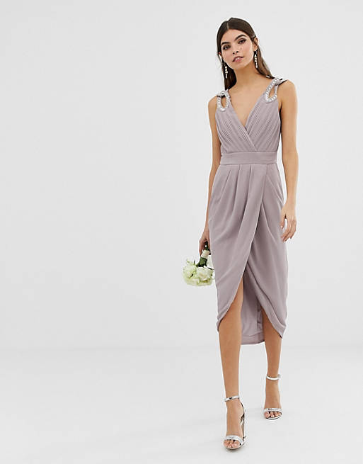 TFNC bridesmaid exclusive wrap midi dress with embellished shoulder in grey