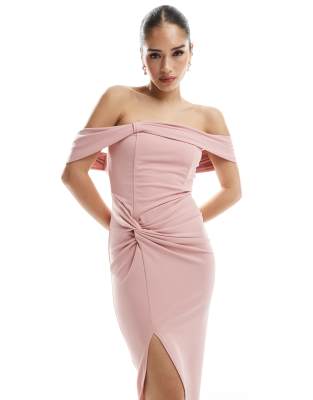 Bridesmaid fallen shoulder maxi dress with split in dusky pink