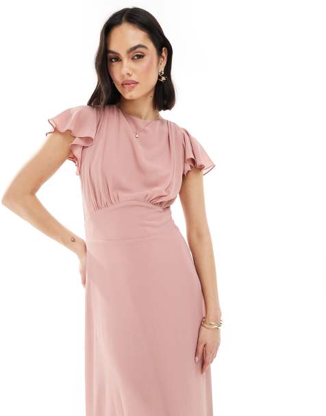 TFNC Bridesmaid flutter sleeve cowl back chiffon maxi dress in dusky pink - view 1