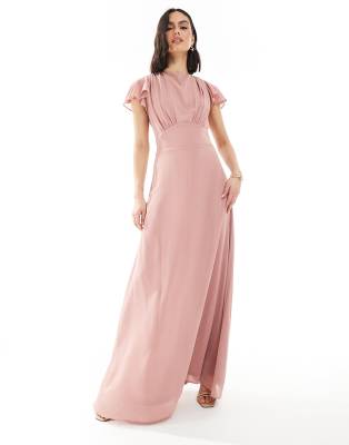 Tfnc Bridesmaid Flutter Sleeve Cowl Back Chiffon Maxi Dress In Pink