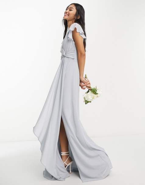 ASOS DESIGN Bridesmaid fallen shoulder drape maxi dress with layered wrap  skirt in olive