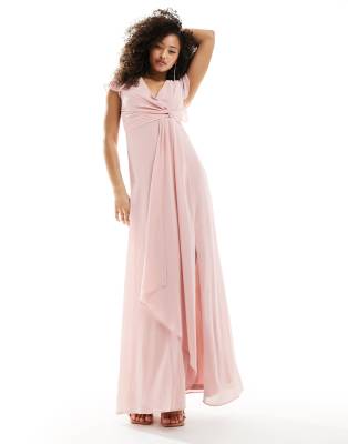 bridesmaid flutter sleeve ruffle detail maxi dress in blush-Pink