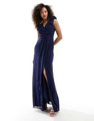 TFNC Bridesmaid flutter sleeve ruffle detail maxi dress in navy