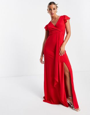 TFNC Bridesmaid flutter sleeve ruffle detail maxi dress in red