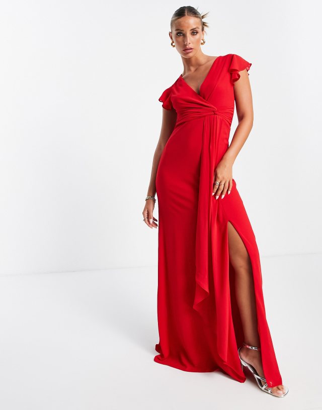 TFNC - bridesmaid flutter sleeve ruffle detail maxi dress in red