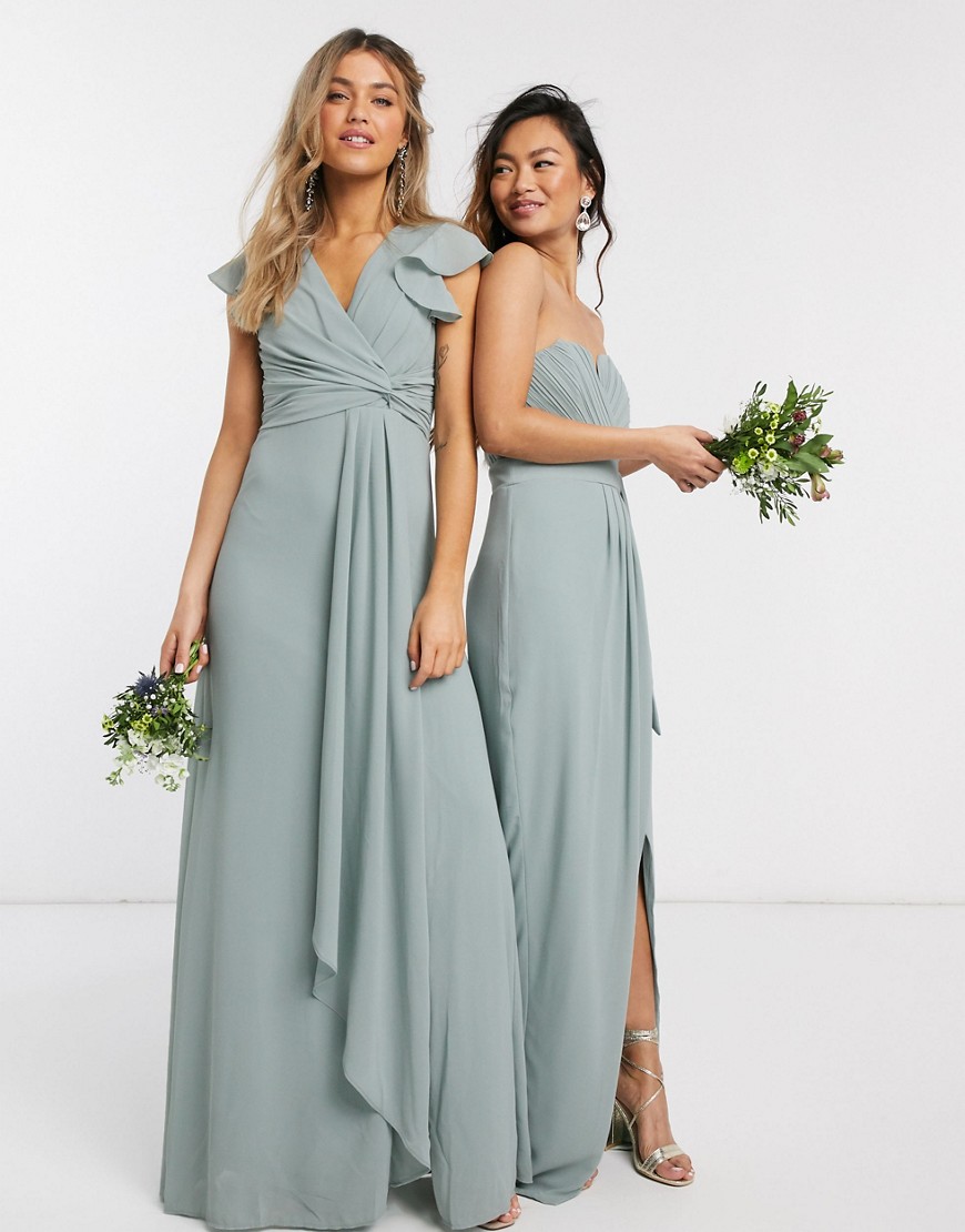Product photo of Tfnc bridesmaid flutter sleeve ruffle detail maxi dress in sagegreen
