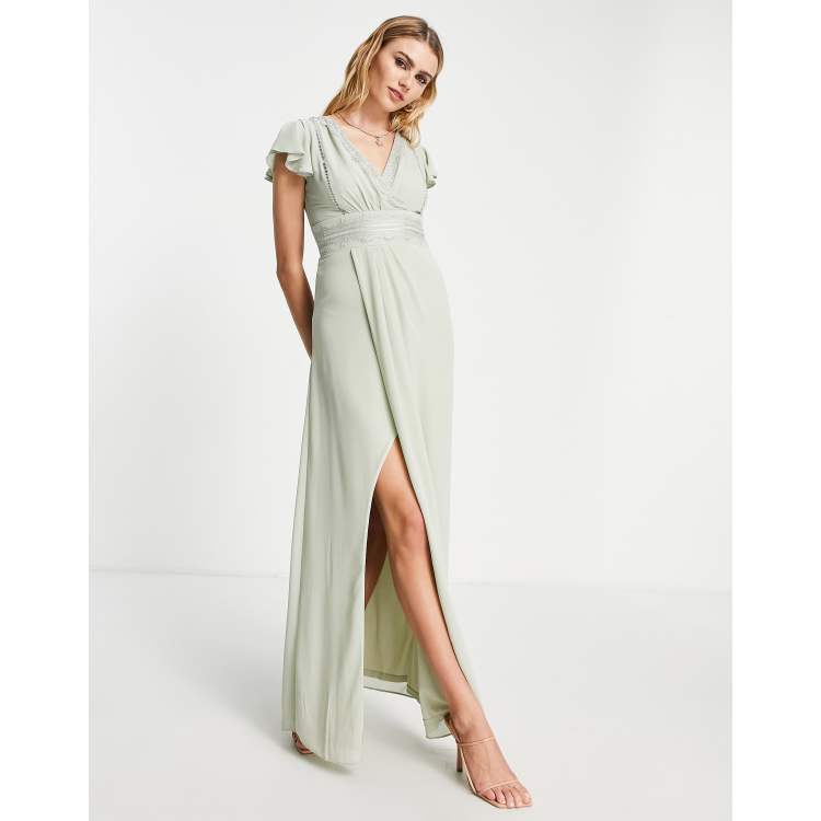 TFNC Bridesmaid flutter sleeve v neck dress in sage green