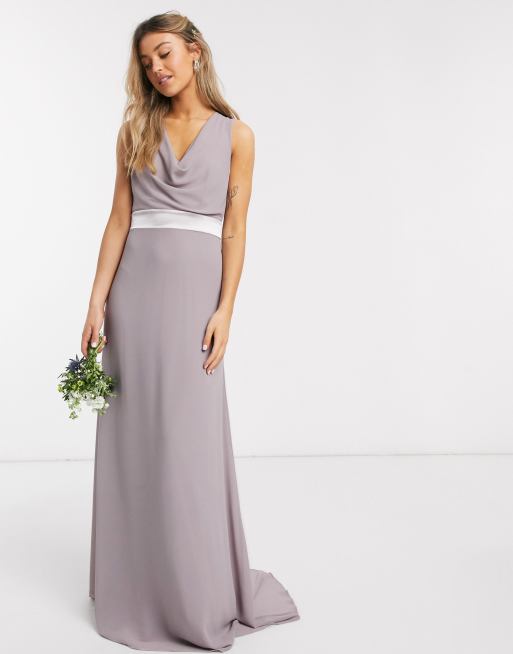 TFNC - bridesmaid -  grå maxikjole med vandfaldsudskæring og sløjfe bagpå, 4 af 4