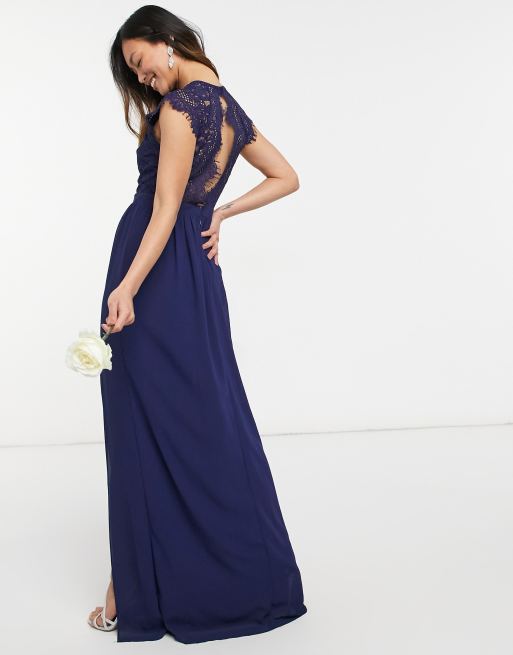 TFNC Bridesmaid – Granatowa sukienka maxi z koronką i odkrytymi plecami |  ASOS