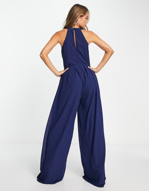 Navy Tie-Front Sleeveless Jumpsuit | SilkFred US