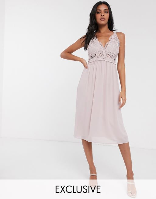 TFNC Bridesmaid halter neck midi dress with lace inserts in taupe