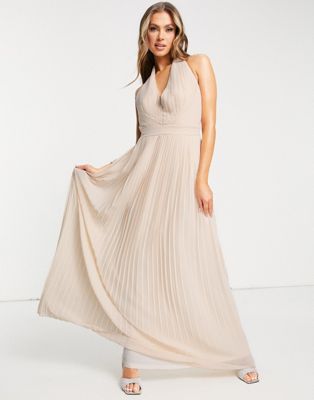 TFNC Bridesmaid halterneck pleated maxi dress in blush - ASOS Price Checker