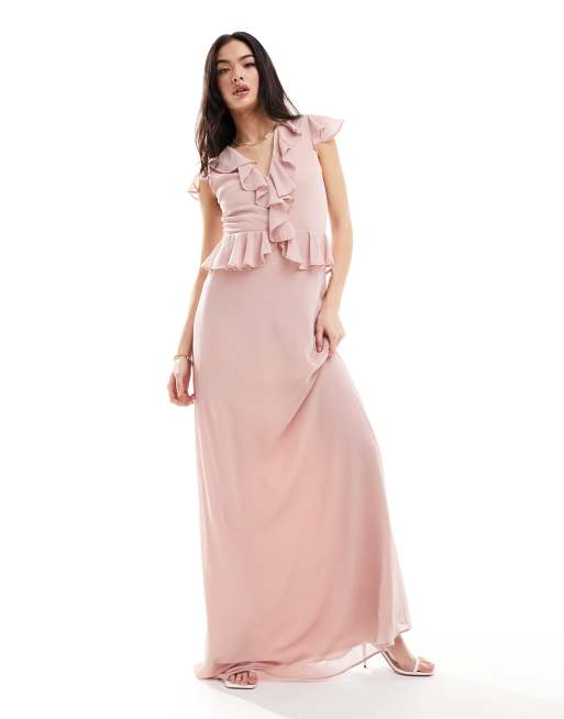 TFNC Bridesmaid high neck and draped back maxi dress in whisper pink