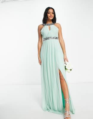 TFNC Bridesmaid high neck embellished chiffon maxi dress in sage-Brown