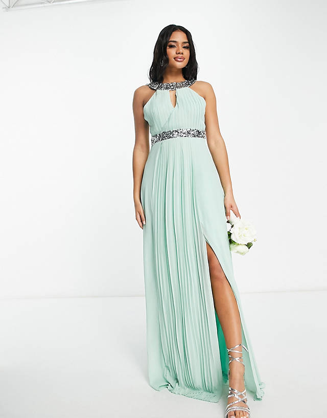TFNC - bridesmaid high neck embellished chiffon maxi dress in sage green